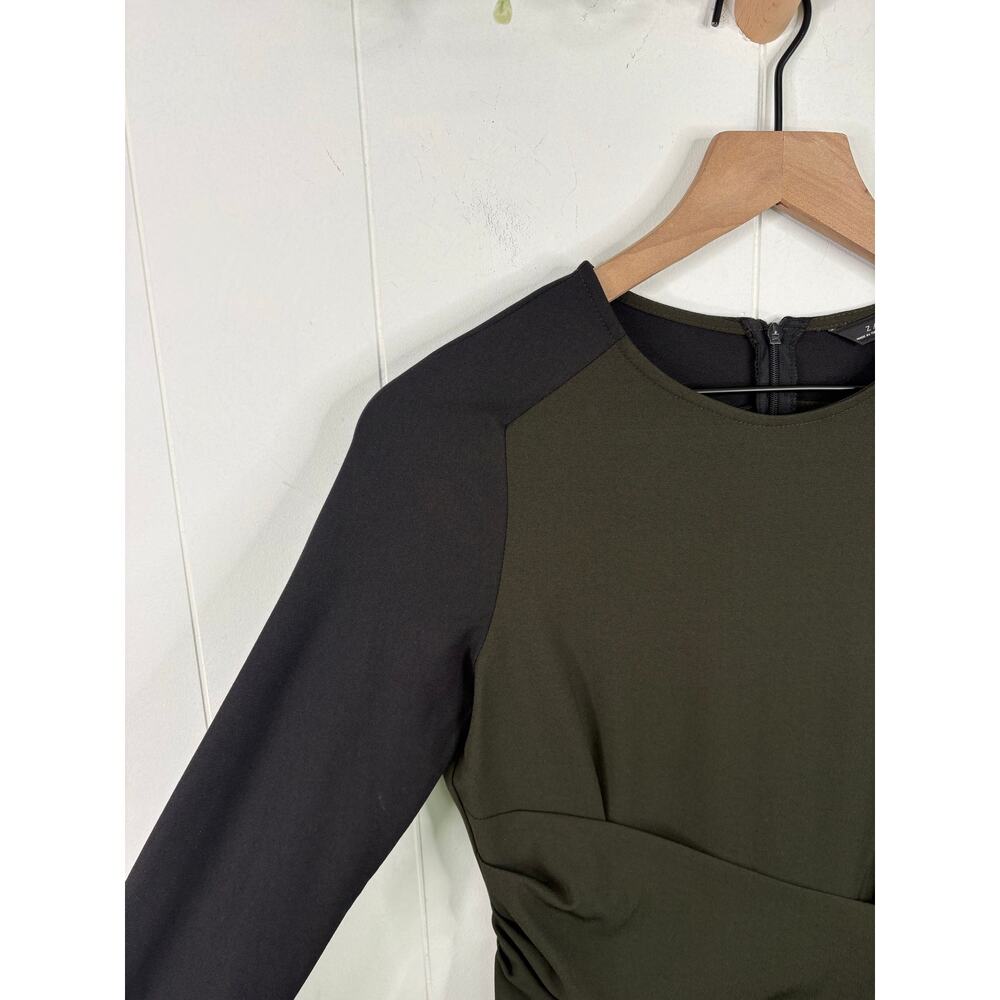 Zara Olive Green Crepe Draped Sheath Dress XS Black Long Sleeve - Picture 4 of 7